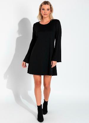 Moda Pop - Vestido Preto com Mangas Plisadas - MODA POP
