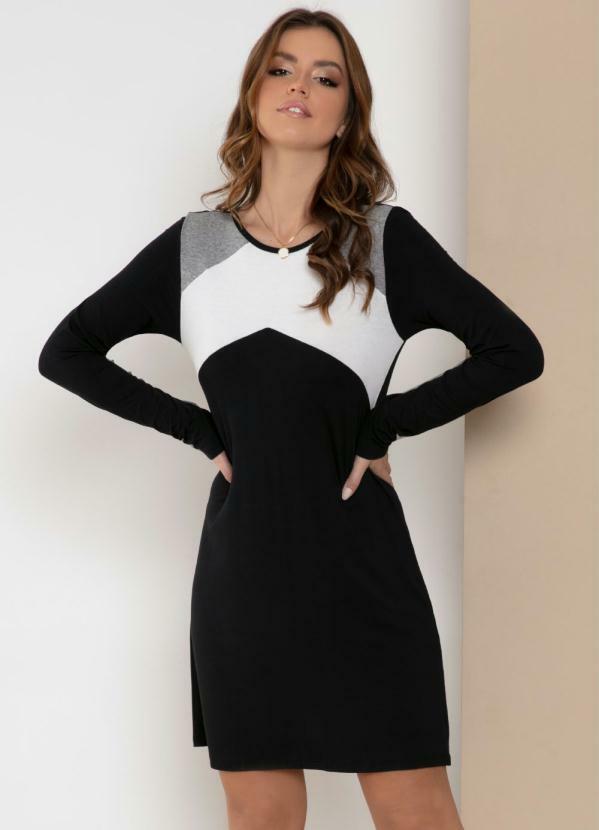 Quintess - Vestido Preto, Off White e Mescla Mangas Longas 1