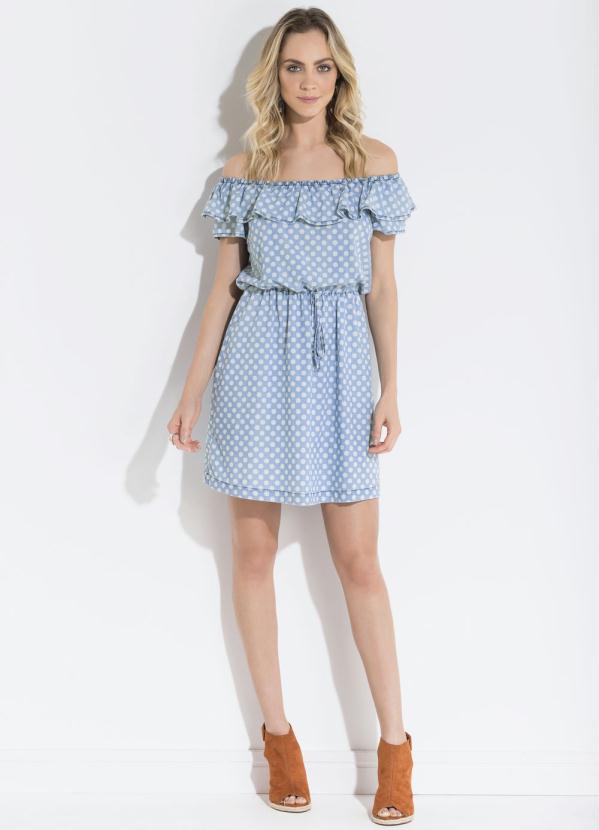 Quintess - Vestido Quintess Ciganinha Acinturado Poá Jeans 6