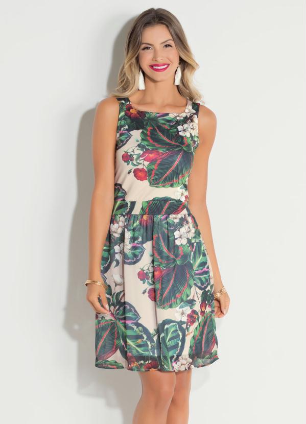 Quintess - Vestido Quintess Floral Bege Amarração Costas