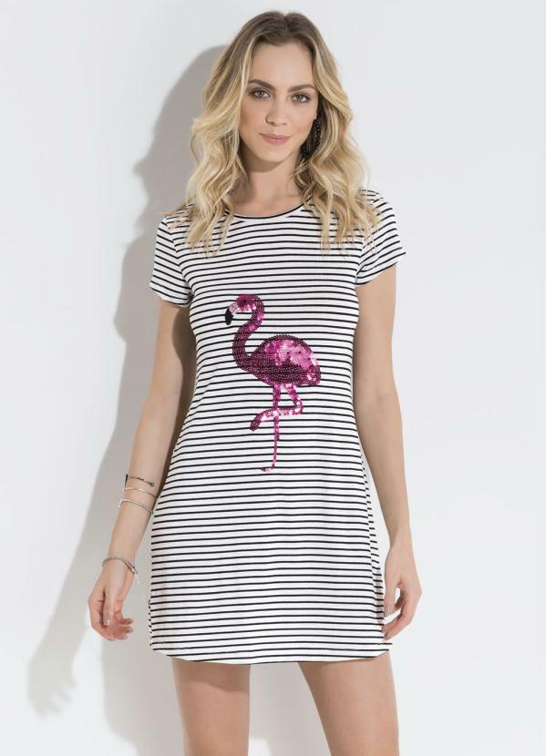 Quintess - Vestido Quintess Listrado Flamingo em Lantejoula
