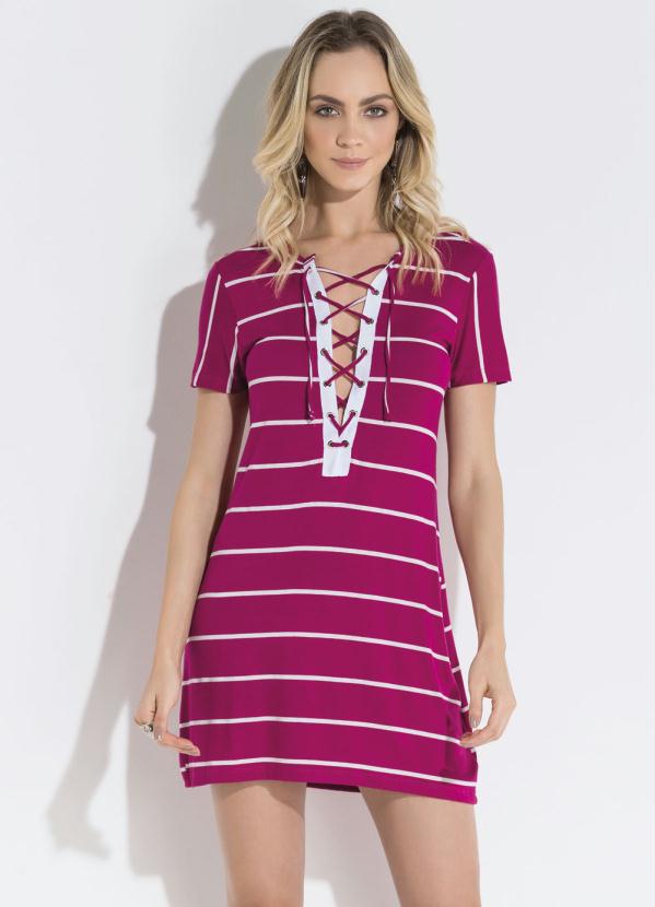 Quintess - Vestido Quintess Listrado Pink com Transpasse