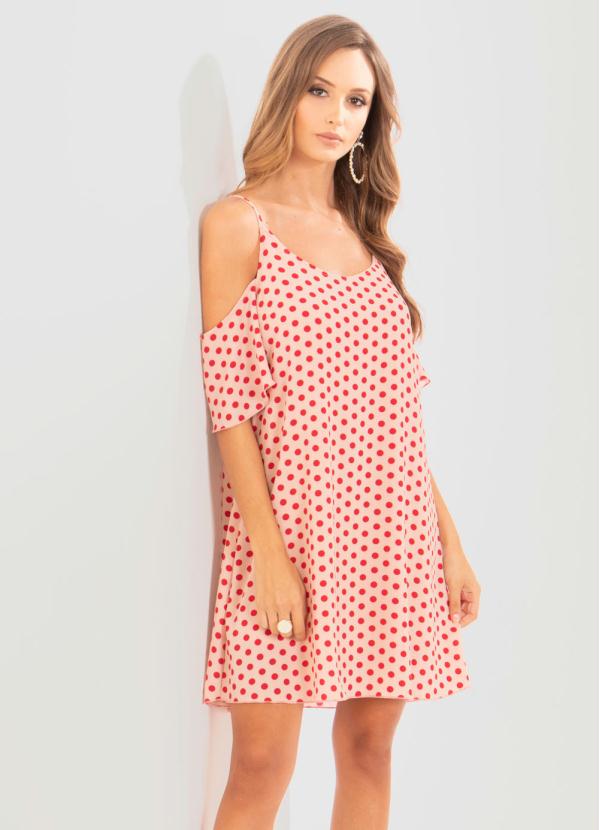 Quintess - Vestido Quintess Poá Blush com Ombros Vazados