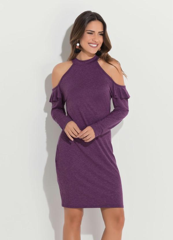 Quintess - Vestido Quintess Roxo com Ombro Vazado e Babado