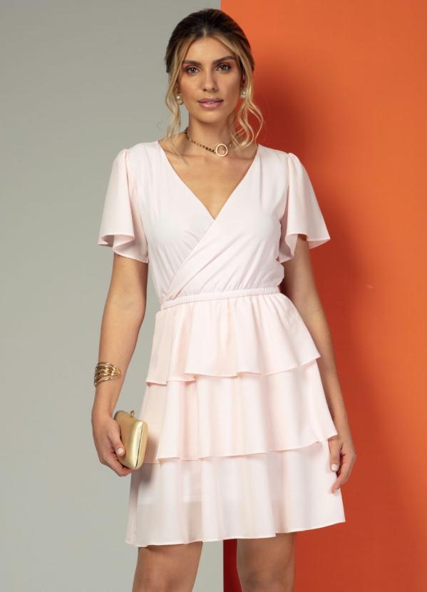 Quintess - Vestido Rosa com Mangas e Babados Sobrepostos