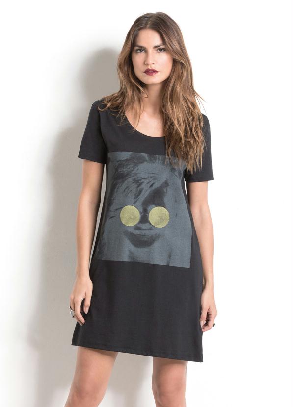 Quintess - Vestido T-Shirt Preto com Estampa Quintess