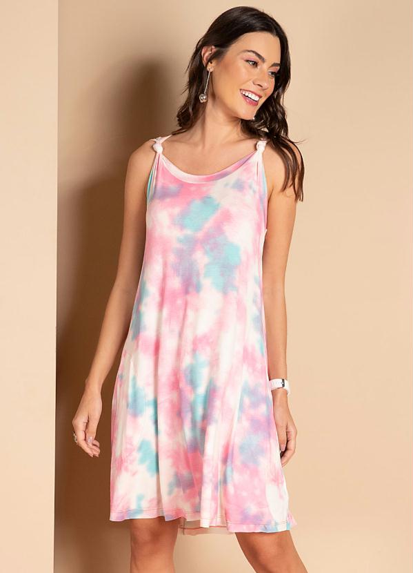 Quintess - Vestido Tie Dye Azul e Rosa com Detalhe de Nó