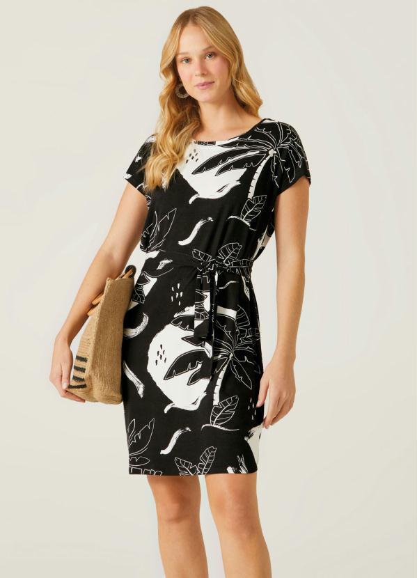 Malwee - Vestido Tradicional Folhas Preto