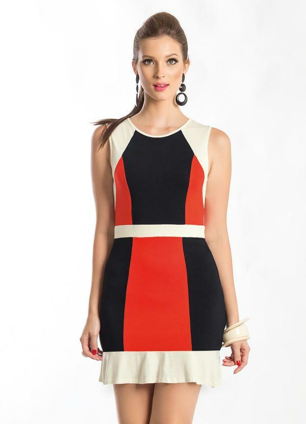 Quintess - Vestido Tubinho Preto e Laranja