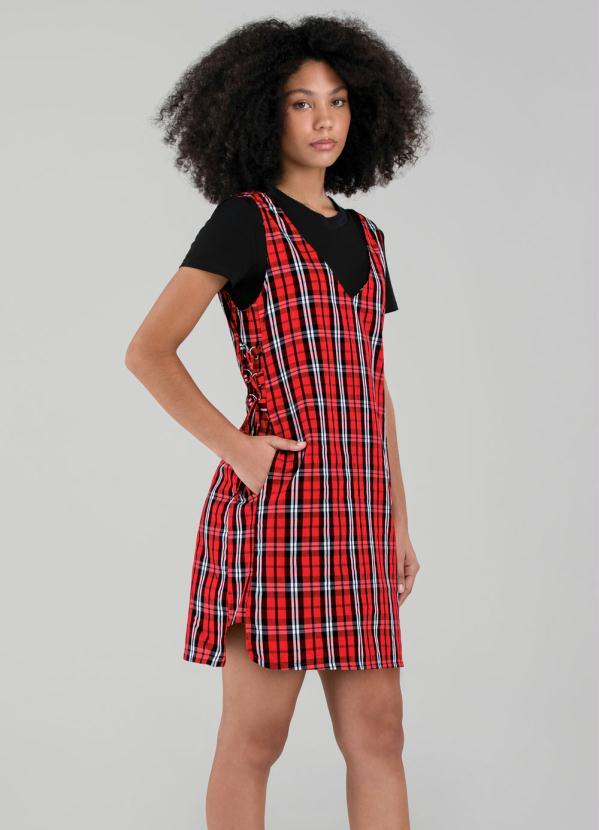 Enfim - Vestido Vermelho Xadrez Curto Amarrações