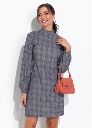 Moda Pop - Vestido Xadrez Marinho Evasê com Gola - MODA POP