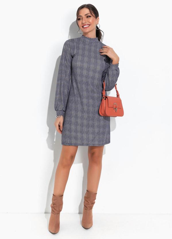 Moda Pop - Vestido Xadrez Marinho Evasê com Gola 3