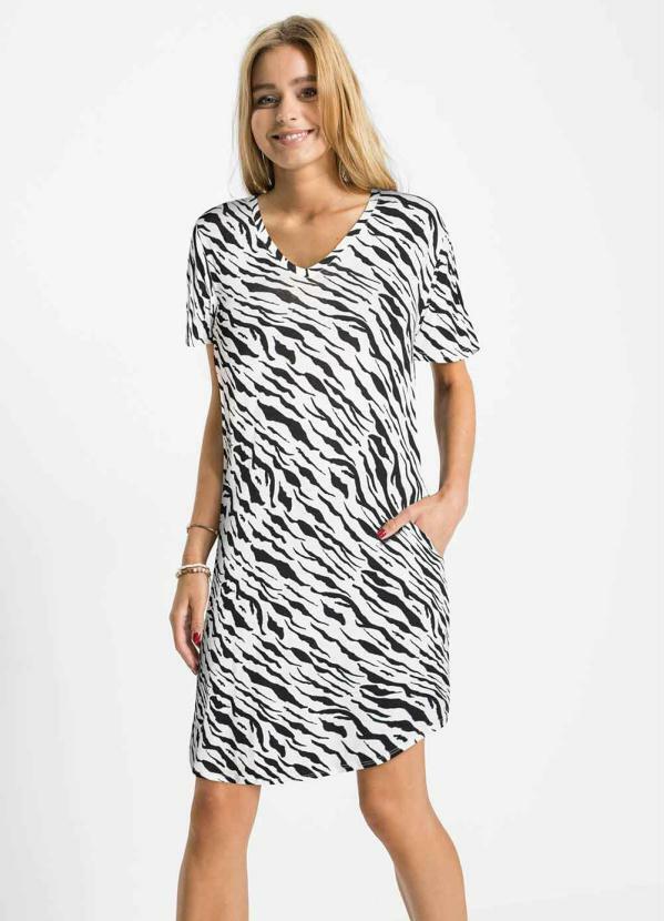 bonprix - Vestido Zebra com Bolsos Preto/Off White