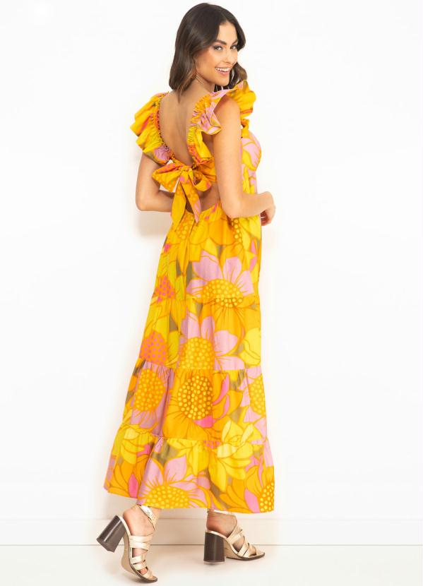 Farm - Vestido Cropped de Tricoline Floral Colore Amarelo 2