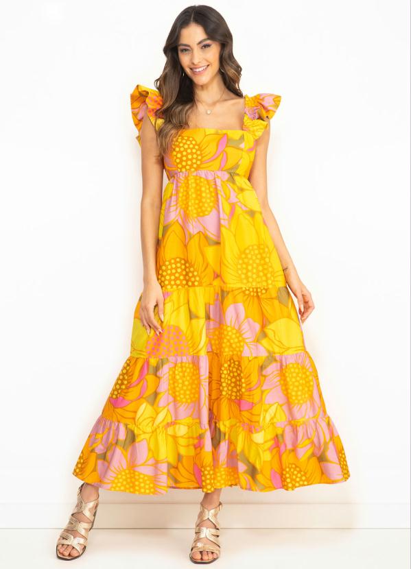 Farm - Vestido Cropped de Tricoline Floral Colore Amarelo 3