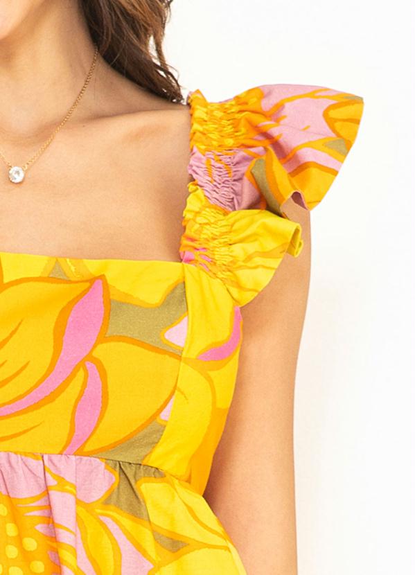 Farm - Vestido Cropped de Tricoline Floral Colore Amarelo 4