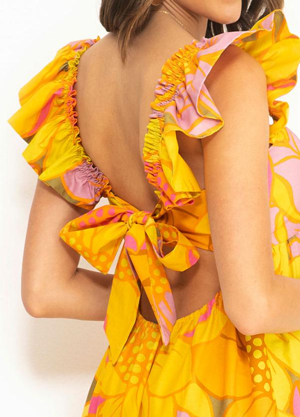 Farm - Vestido Cropped de Tricoline Floral Colore Amarelo 6