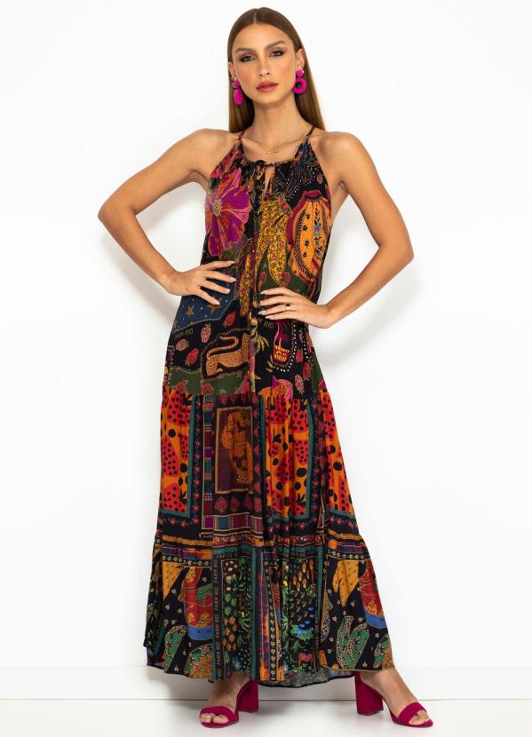 Farm - Vestido Cropped de Viscose Beleza Mix Preto