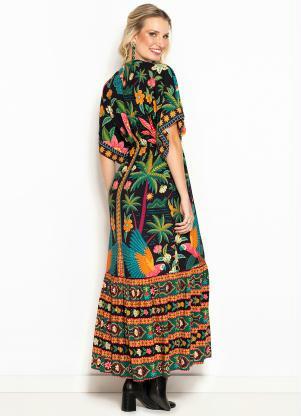 Farm - Vestido Longo de Viscose Samba das Araras Preto - FARM