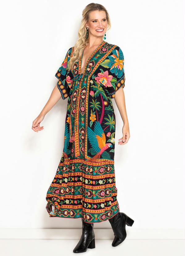 Farm - Vestido Longo de Viscose Samba das Araras Preto