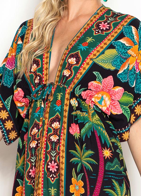 Farm - Vestido Longo de Viscose Samba das Araras Preto 3