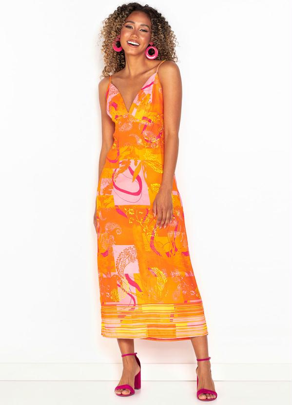 Forum - Vestido Midi de Viscose Estampado Laranja