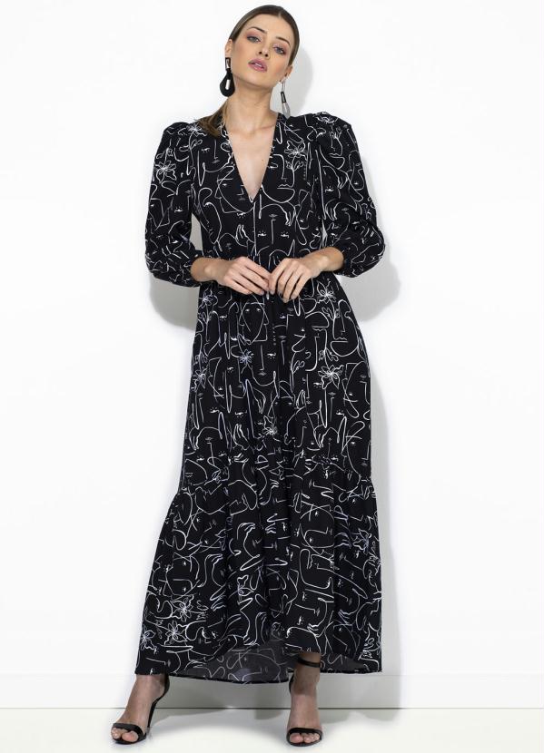 Colcci - Vestido Midi Estampado de Tricoline Preto