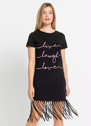 bonprix - Vestido com Tiras na Barra Manga Curta Preto - BONPRIX