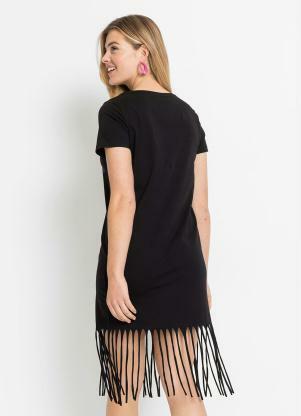 bonprix - Vestido com Tiras na Barra Manga Curta Preto - BONPRIX
