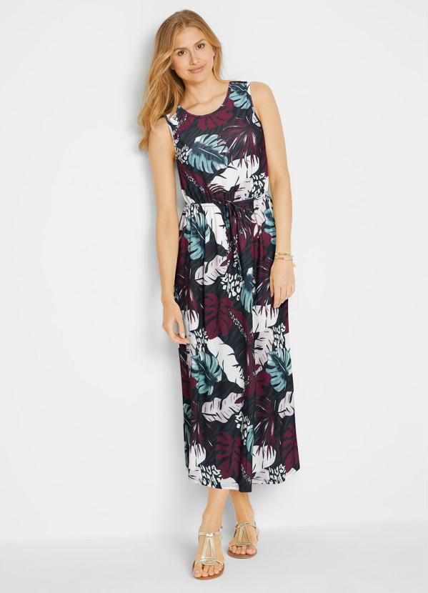 bonprix - Vestido Decote Redondo Folhagem Roxo