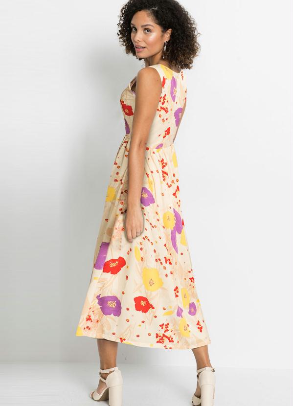 Outlet - Vestido Midi Decote V Floral Bege 2
