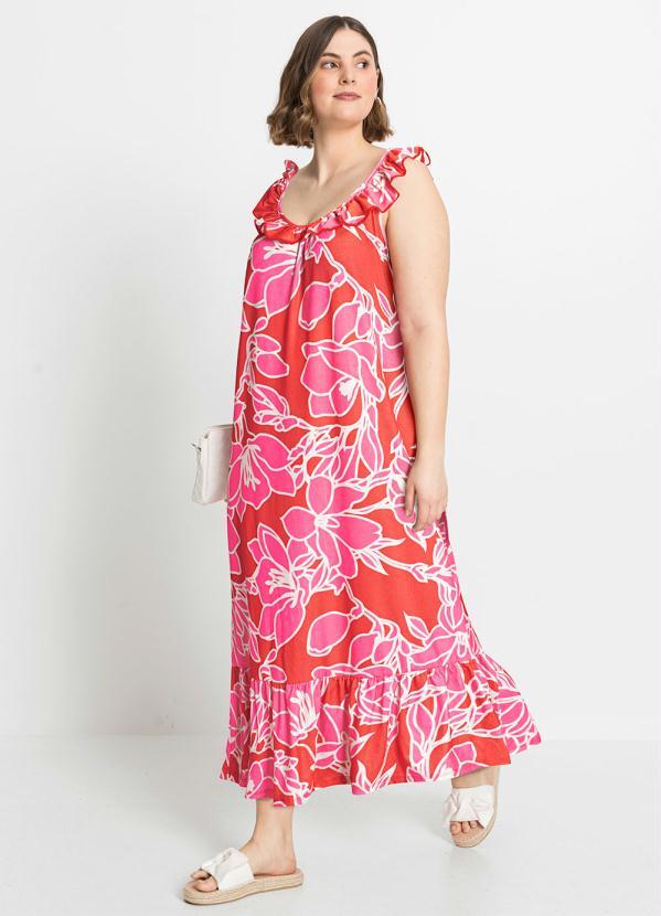 Vestido Longuete com Babado Floral Rosa bonprix