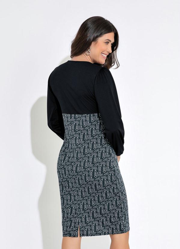 Queima Estoque - Vestido Tubinho Manga Longa Étnico Preto 2