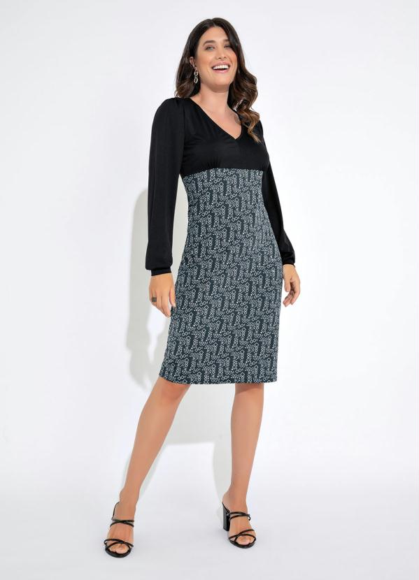 Queima Estoque - Vestido Tubinho Manga Longa Étnico Preto 3