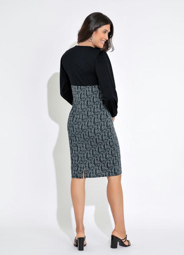 Queima Estoque - Vestido Tubinho Manga Longa Étnico Preto 4