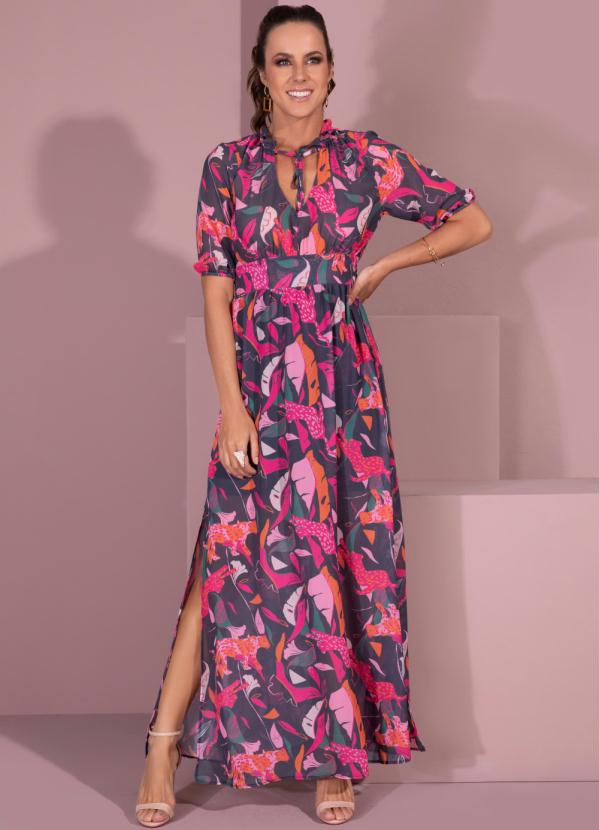 Outlet - Vestido Animal Color Longo com Mangas Bufantes