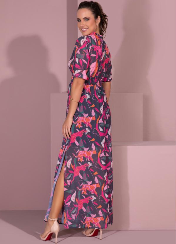 Outlet - Vestido Animal Color Longo com Mangas Bufantes 4