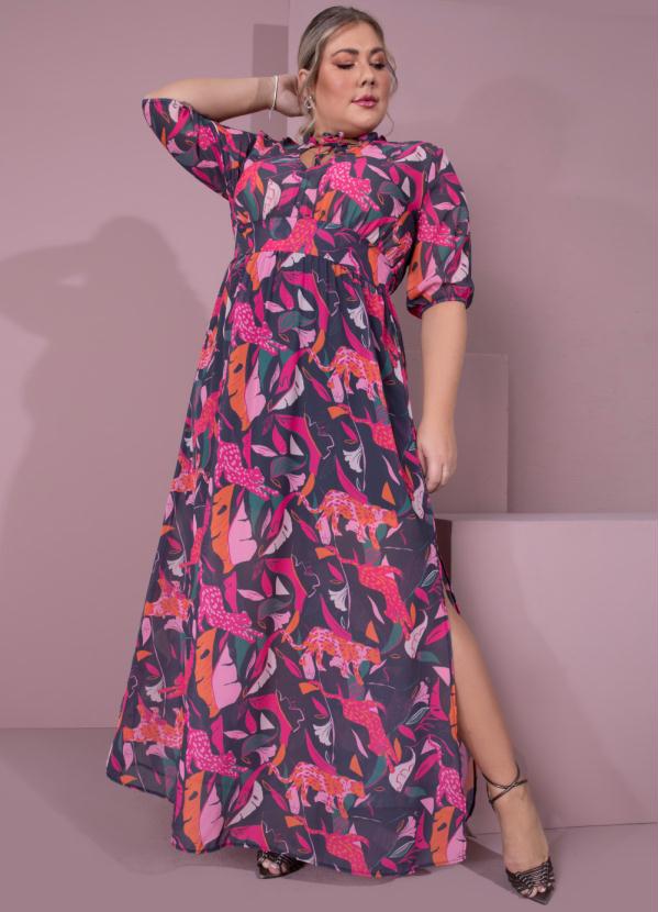 Outlet - Vestido Animal Color Longo com Mangas Bufantes 2