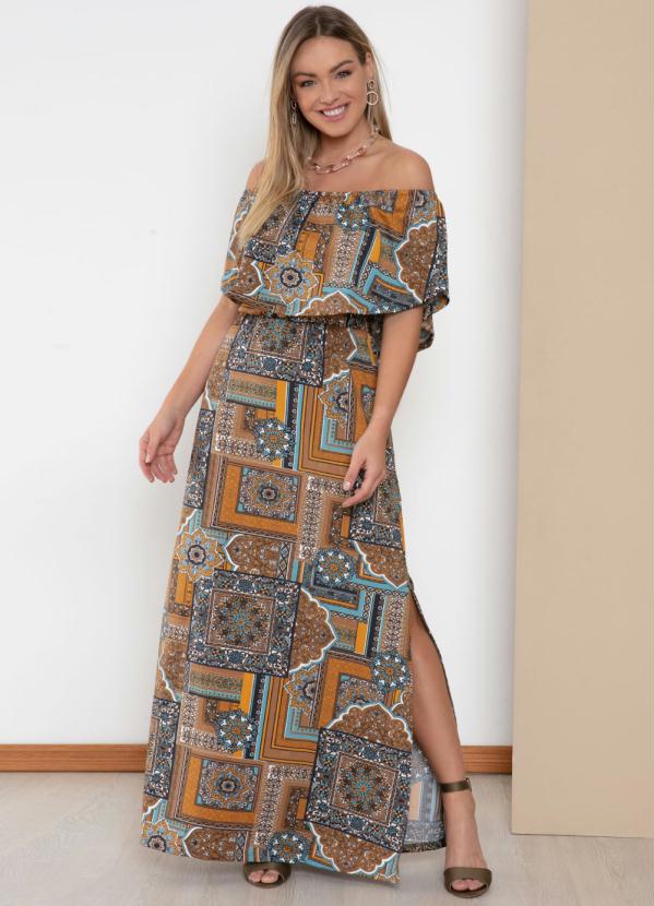 Quintess - Vestido Azulejo Marrom com Fenda e Bolsos