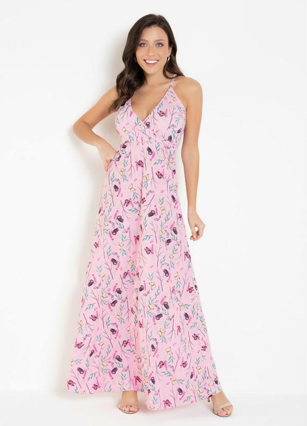 Outlet - Vestido Borboleta Rosa com Decote Transpassado