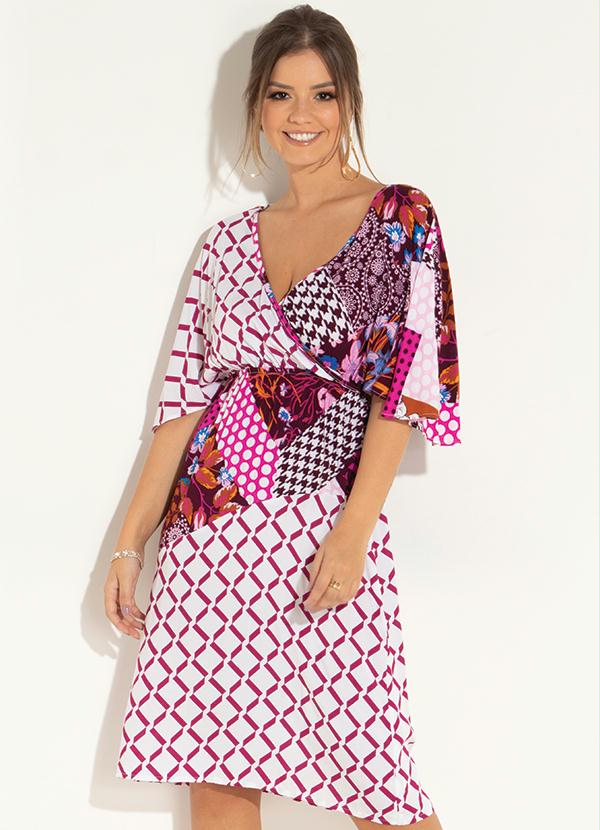 Quintess - Vestido Branco e Pink com Elástico na Cintura