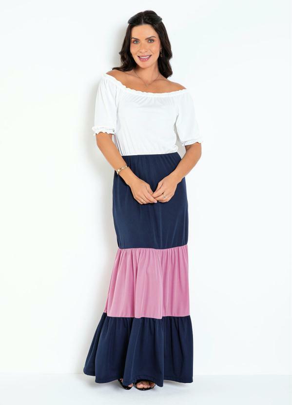 Outlet - Vestido Camadas Tricolor Moda Evangélica