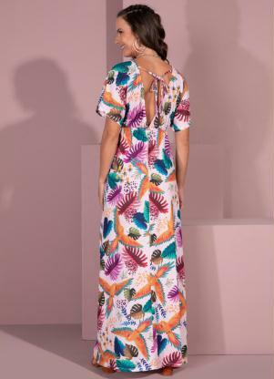 Quintess - Vestido com Decote Profundo Folhagem Tropical - QUINTESS