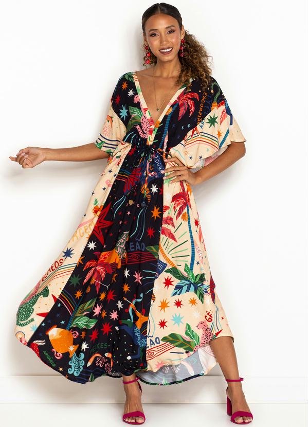 Farm - Vestido Cropped de Viscose Zodíaco Estampado