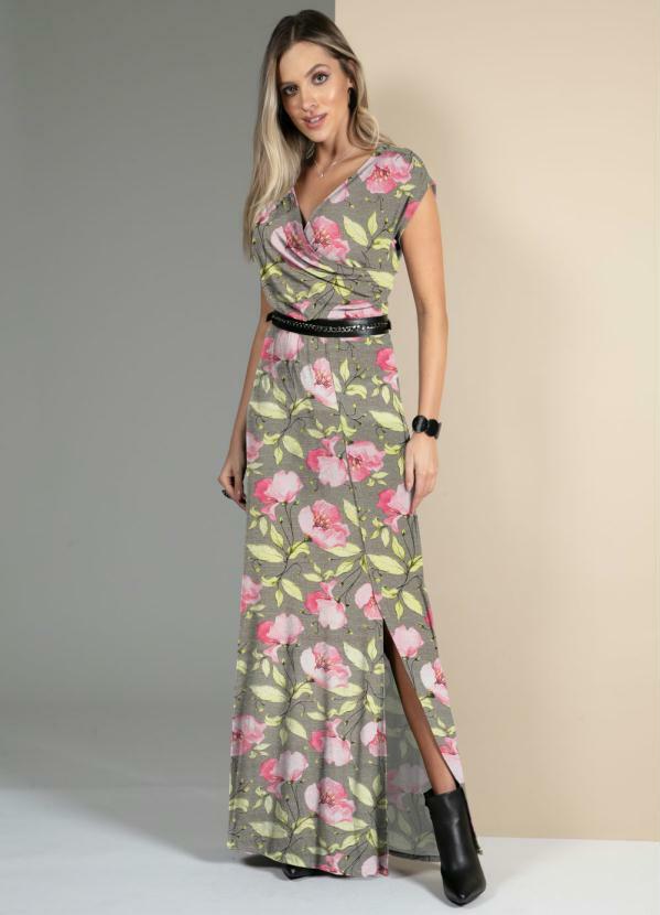 Quintess - Vestido Floral Bege com Decote Transpassado
