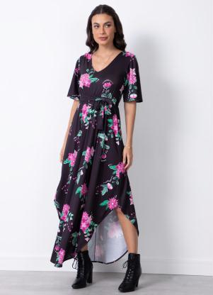 Quintess - Vestido Floral Dark com Faixa para Amarrar - QUINTESS