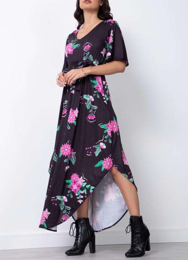 Quintess - Vestido Floral Dark com Faixa para Amarrar