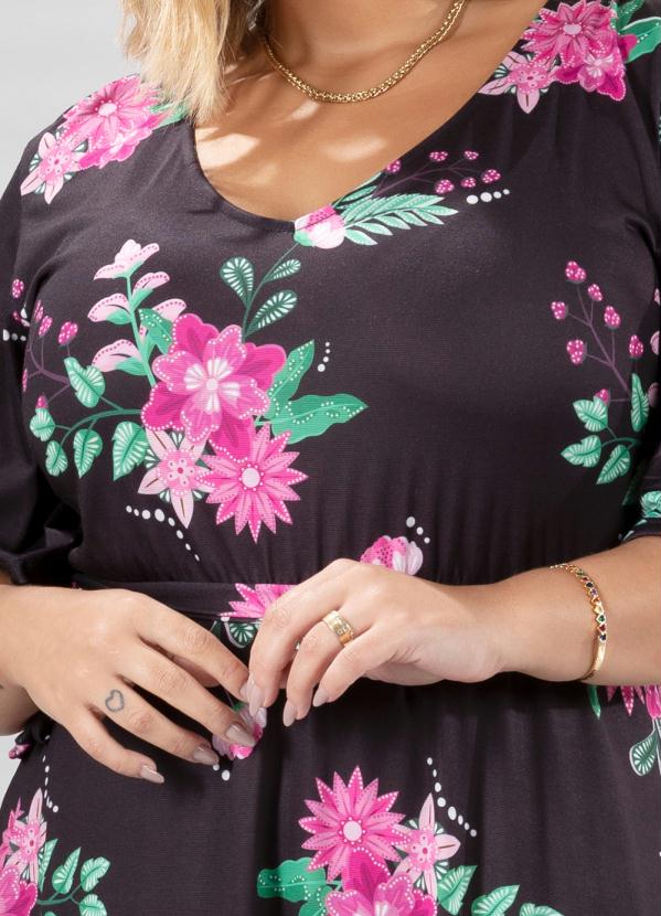 Quintess - Vestido Floral Dark com Faixa para Amarrar
