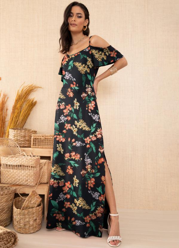 Vestido Floral Dark com Fenda e Ombros Vazados - Quintess