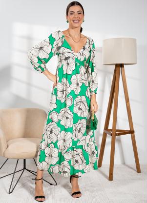 Quintess - Vestido Floral Fundo Verde em Viscose Plana - QUINTESS